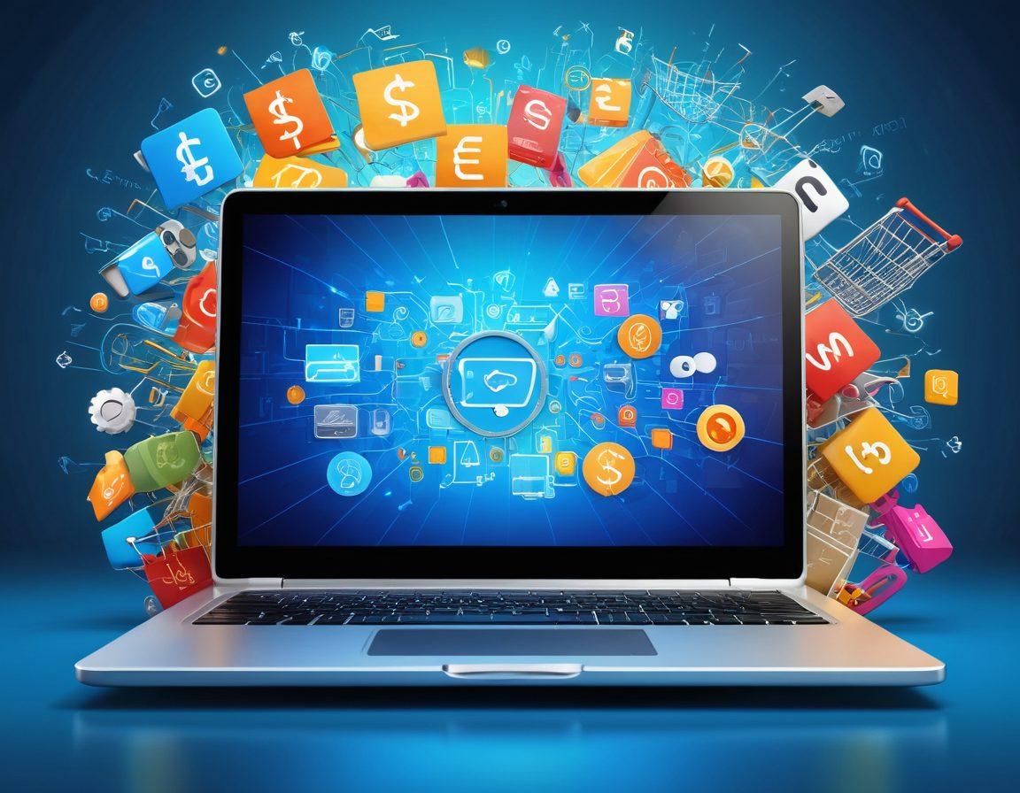 A dynamic collage showcasing the evolution from traditional blogging to e-commerce, featuring a sleek laptop with a vibrant blog interface, elements of e-commerce like shopping carts and dollar signs, integrated with futuristic technology symbols such as circuit patterns and AI icons. The background should transition from a warm, inviting atmosphere to a more digital, high-tech ambiance, representing growth and success. super-realistic. vibrant colors. 3D.