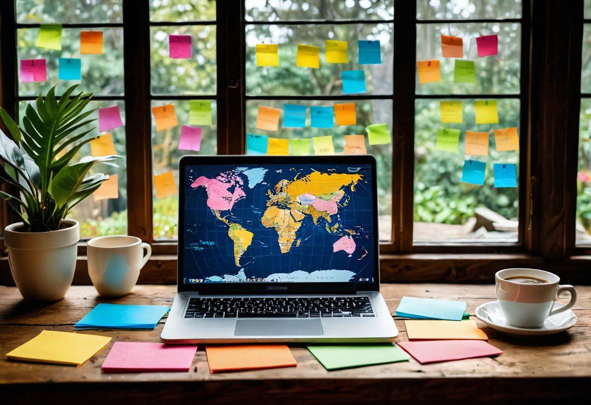 An open laptop placed on a rustic wooden desk surrounded by colorful sticky notes with SEO keywords, charts showing upward trends, and coffee cups. In the background, a bright light streaming in through a window symbolizing enlightenment. A large globe indicating global reach and creativity. modern infographics and tools scattered around. vibrant colors. super-realistic.