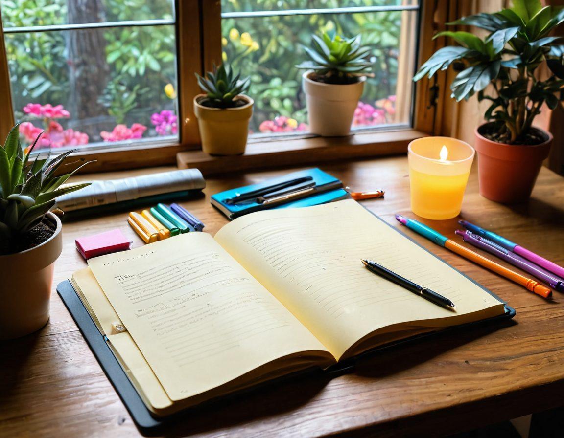 A beautifully designed open journal on a wooden table, surrounded by colorful stationery like pens and sticky notes, alongside a glowing laptop displaying a vibrant blog page. In the background, soft, warm light filters through a large window, creating an inviting atmosphere. Add a potted plant for a touch of greenery. super-realistic. vibrant colors. warm lighting.